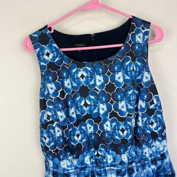 Talbots Blue Floral Ombre Gingham Plaid Printed Fit and Flare Pleated Dress 8 - Picture 3 of 8